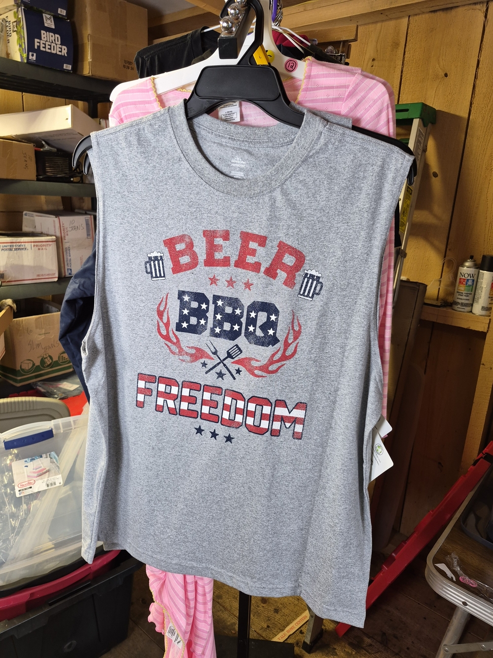 Men's Grey Sleeveless Tank - 'Beer BBQ Freedom' Graphic Bin 53